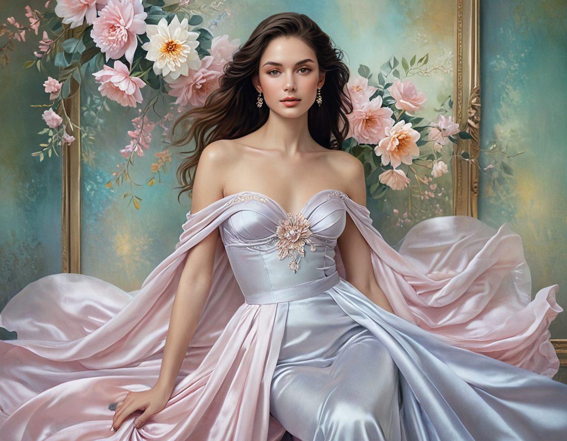 A captivating composition featuring a graceful figure draped in sheer, flowing fabrics that hint at sensuality. The background should have an elegant blend of pastel hues and soft lighting, creating an ethereal ambiance. Include elements of classic art such as ornate frames and delicate floral arrangements to emphasize glamour. Subtle hints of nude art should be showcased through tasteful poses and contours, highlighting the beauty of the human form. oil painting style. soft focus. pastel colors.