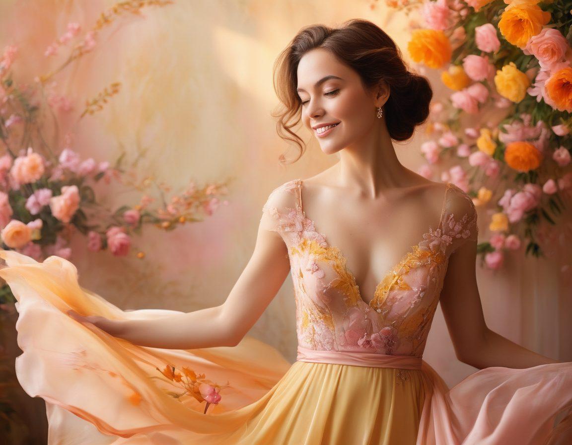 A vibrant, intimate portrait of a woman exuding confidence and grace, captured in a playful pose while wearing a classy dress. Incorporate soft lighting to highlight her features, surrounded by delicate floral elements to emphasize femininity. The background should blend warm colors to evoke a sense of celebration and joy. super-realistic. vibrant colors. soft focus.